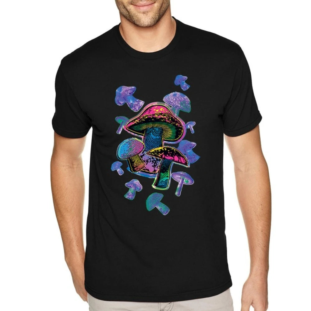 Colorful Mushrooms T-Shirt Rave Hippie Festival Magic Trippy Shirt Psychedelic Party Nature Plants Forest Tee Men Cotton Shirt