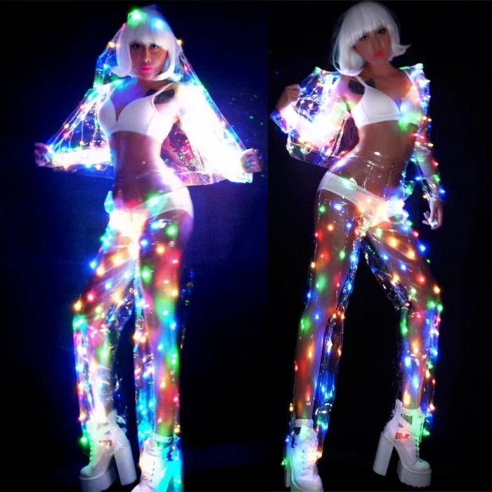Female Color LED lights Performance clothes Music Festival Singer Dance Team DJ Disco dancing Costume Sexy LED Perspective Suit