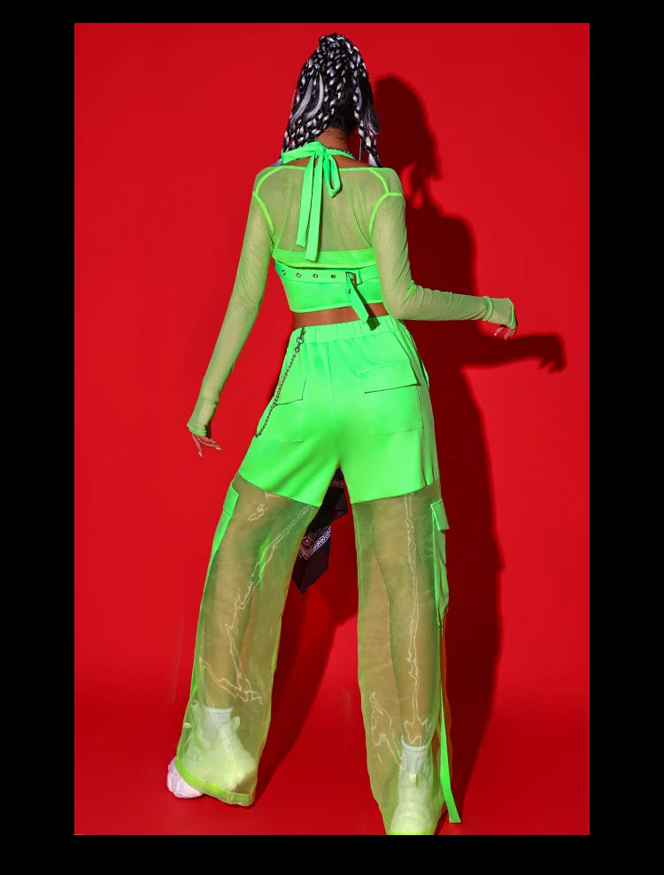 Street Hip Hop Dance Clothes for Women Rave Wear Jazz Performance Bar DJ Group Girl Suits Top Pants Green Clothes Stage Costumes