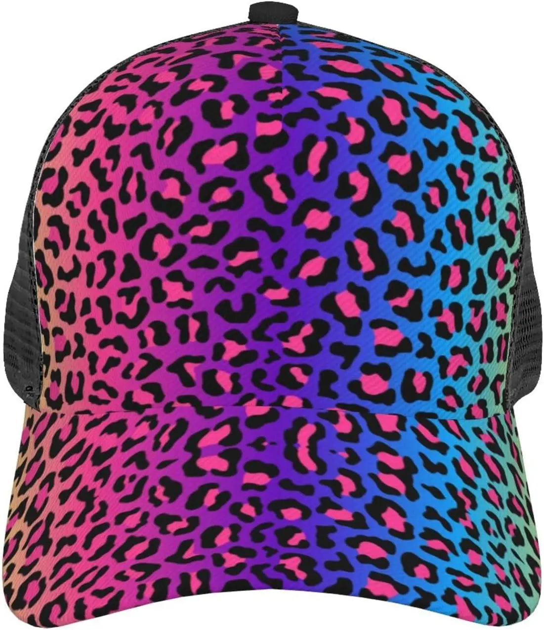Ponytail Baseball Cap for Women Men Adjustable Mesh Trucker Ponycap Quick Drying Sport Hat-Leopard Neon Rainbow Gradient