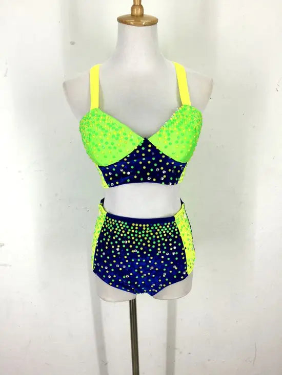 Female Sexy Pole Dance Clothing Shiny Fluorescent Rhinestones Bikini Female Stage Performance Costume Nightclub Dj Rave Outfit