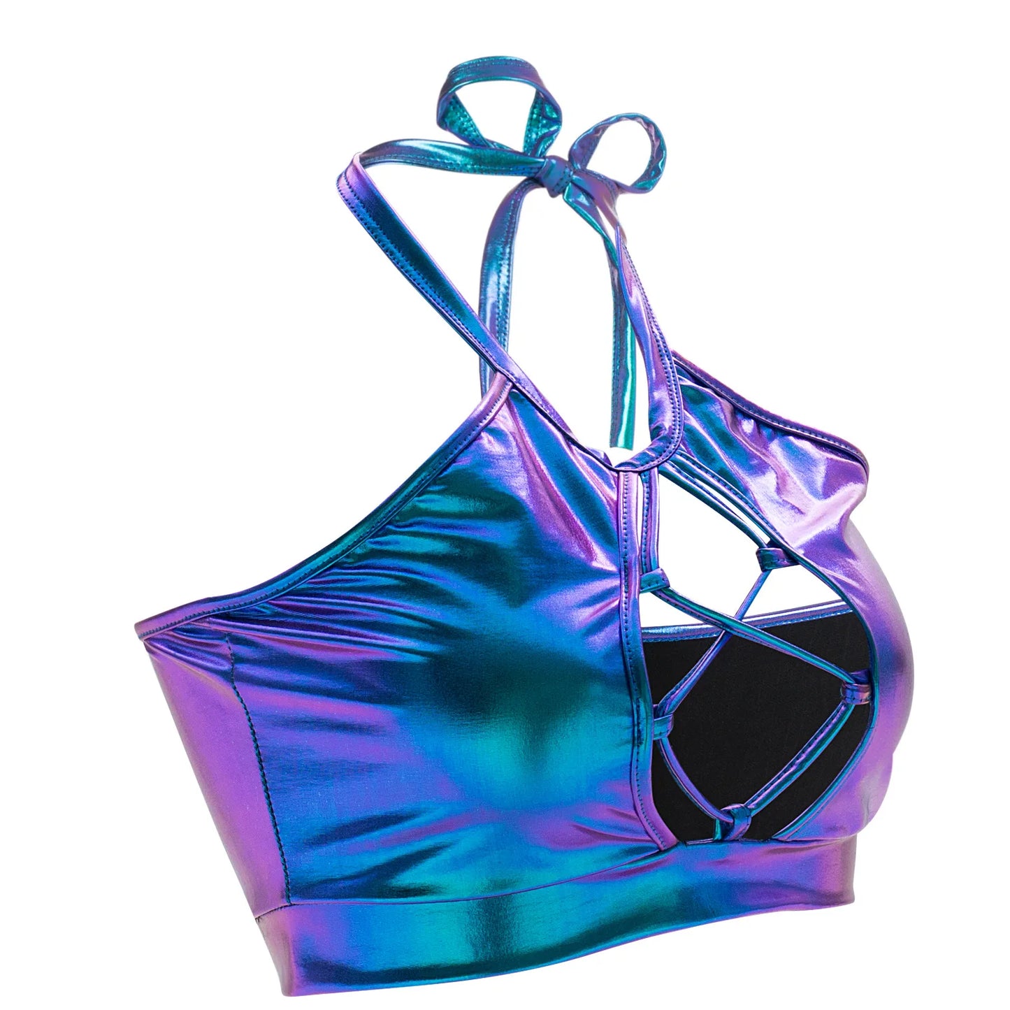 Sexy Shiny Bra Crop Tops Vetement Pole Dance Clothes Holographic Costumes Womens Festival Roupa Metallic Rave Bra Halter Wetlook