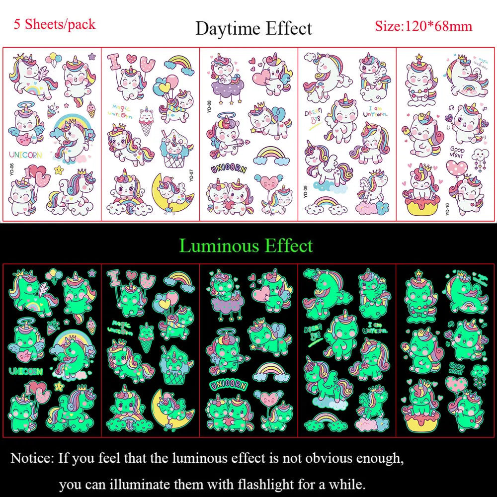 5 Sheets Luminous Tattoo Stickers Temporary Colorful Animal Dinosaur Tattoo Fake Tattoo for Body Hand Face