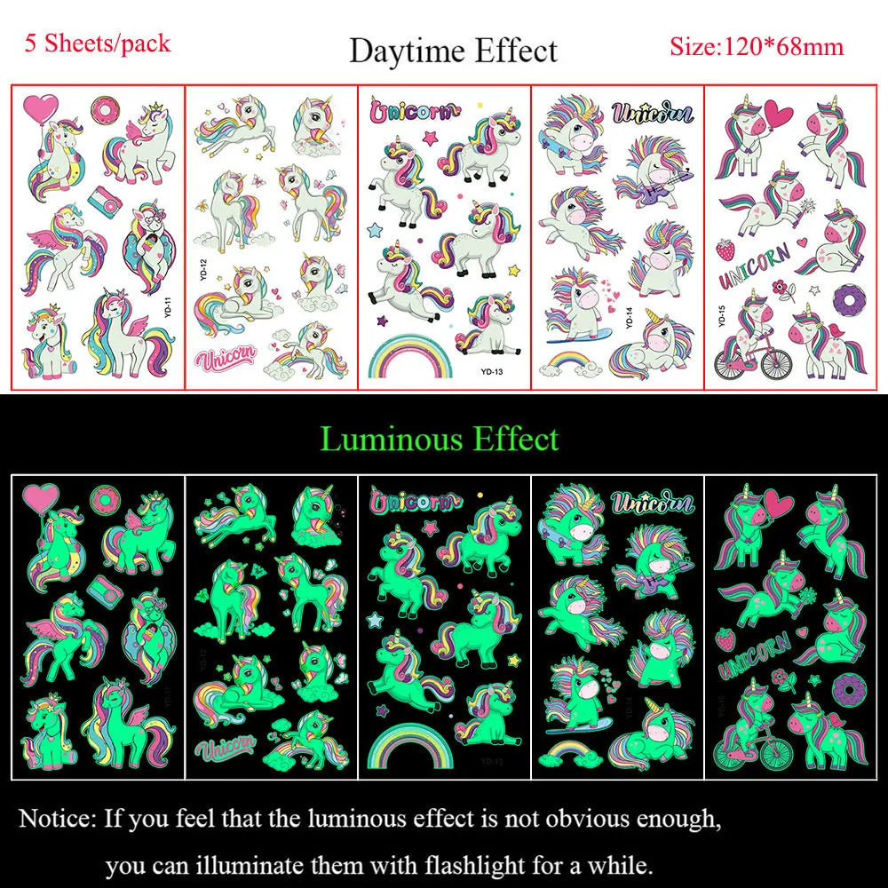 5 Sheets Luminous Tattoo Stickers Temporary Colorful Animal Dinosaur Tattoo Fake Tattoo for Body Hand Face