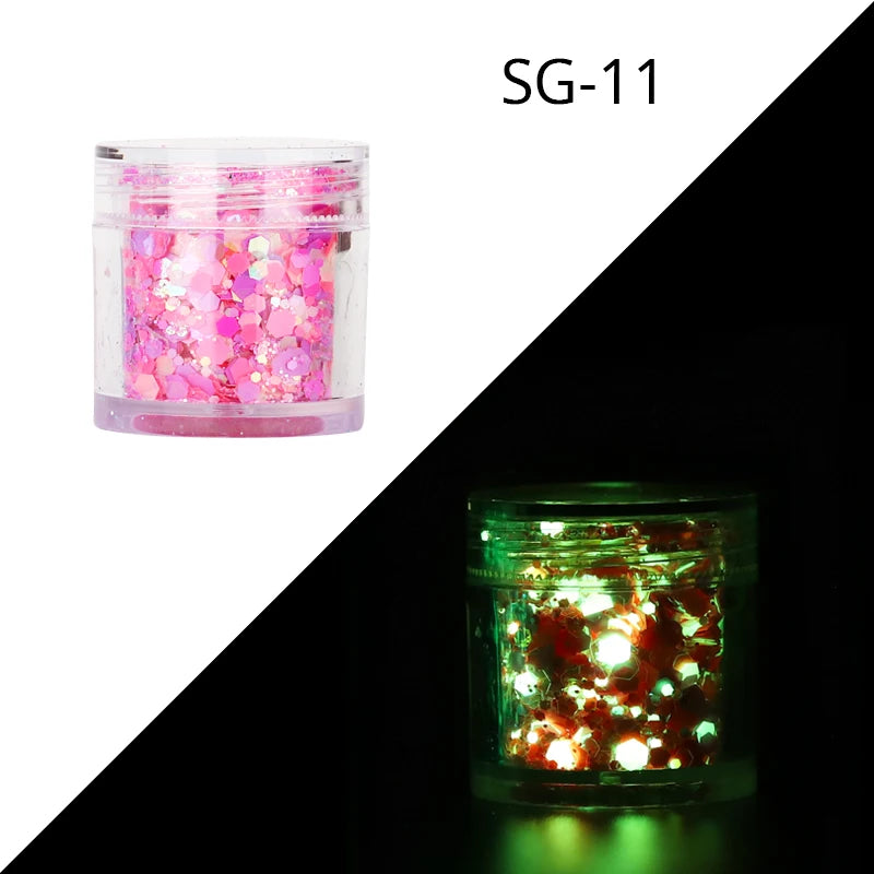 15Colors Holographic Luminous Sequins Glow in the Dark Nail Art Neon Glitters Mixed Hexagon Powder Manicure Body/Eyes/Face Flake