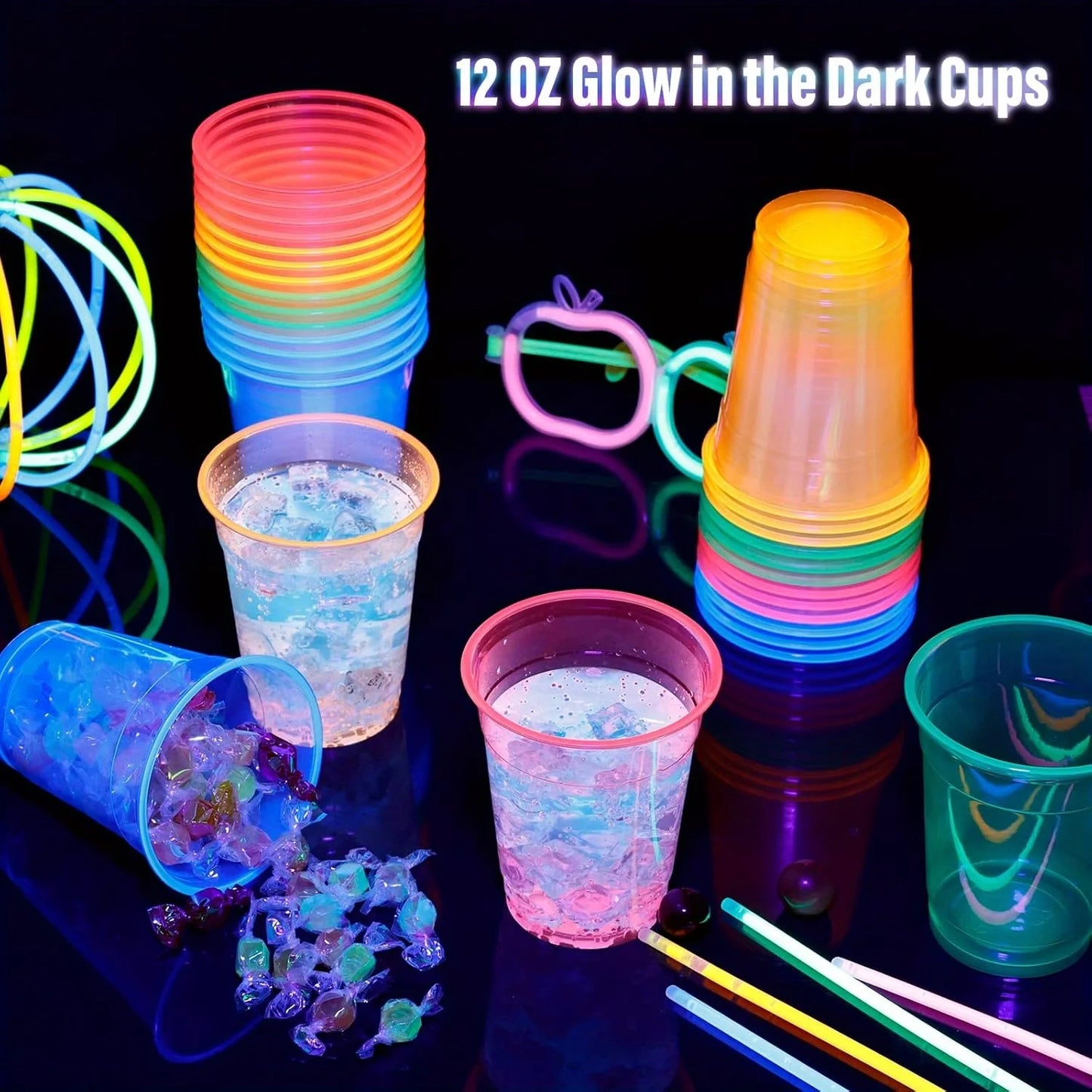 120pcs 12OZ Plastic Neon Cups: Disposable Glow Cups for UV Black Light Neon Parties. Glow-in-the-Dark for Rave, Xmas, Halloween
