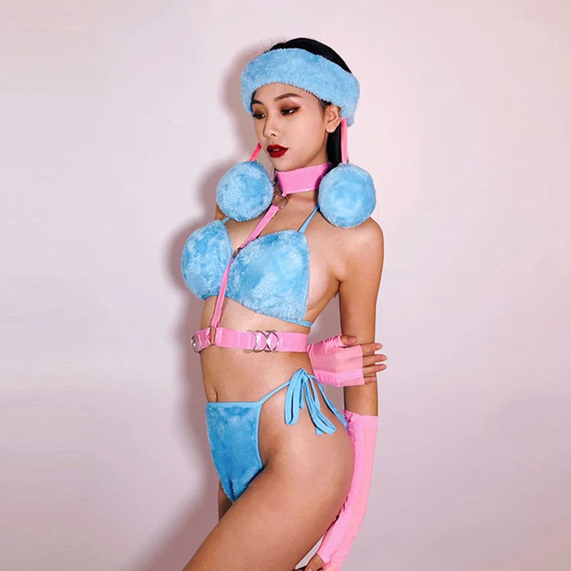 Blue Plush Bodysuit Sexy Pole Dance Costume Dj Ds Bikini Adult Party Rave Outfit Nightclub Bar Gogo Dancing Clothes VDB5234