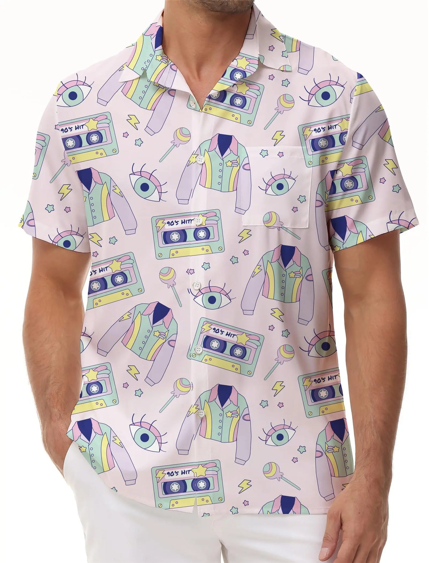 KYKU 80s Costume 90s Clothes Hawaiian Shirt for Men Button Down Shirts Short Sleeve Retro Disco Outfits