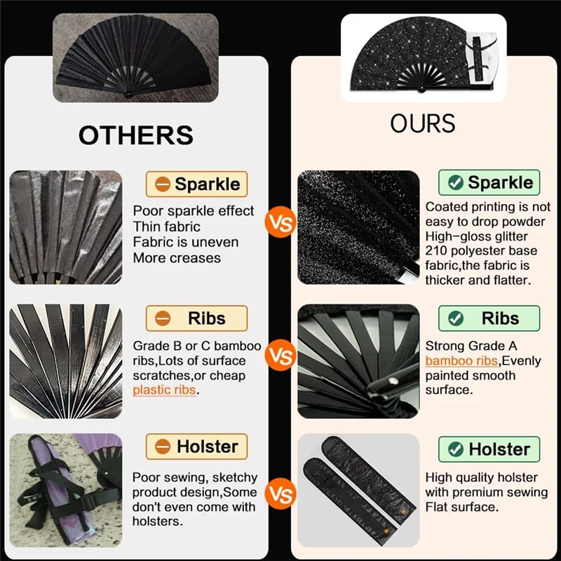 ABUI-Folding Glitter Rave Fan Withleg Strap Andfabric Case Bag Foredm,Festival,Club,Party,Dance Black