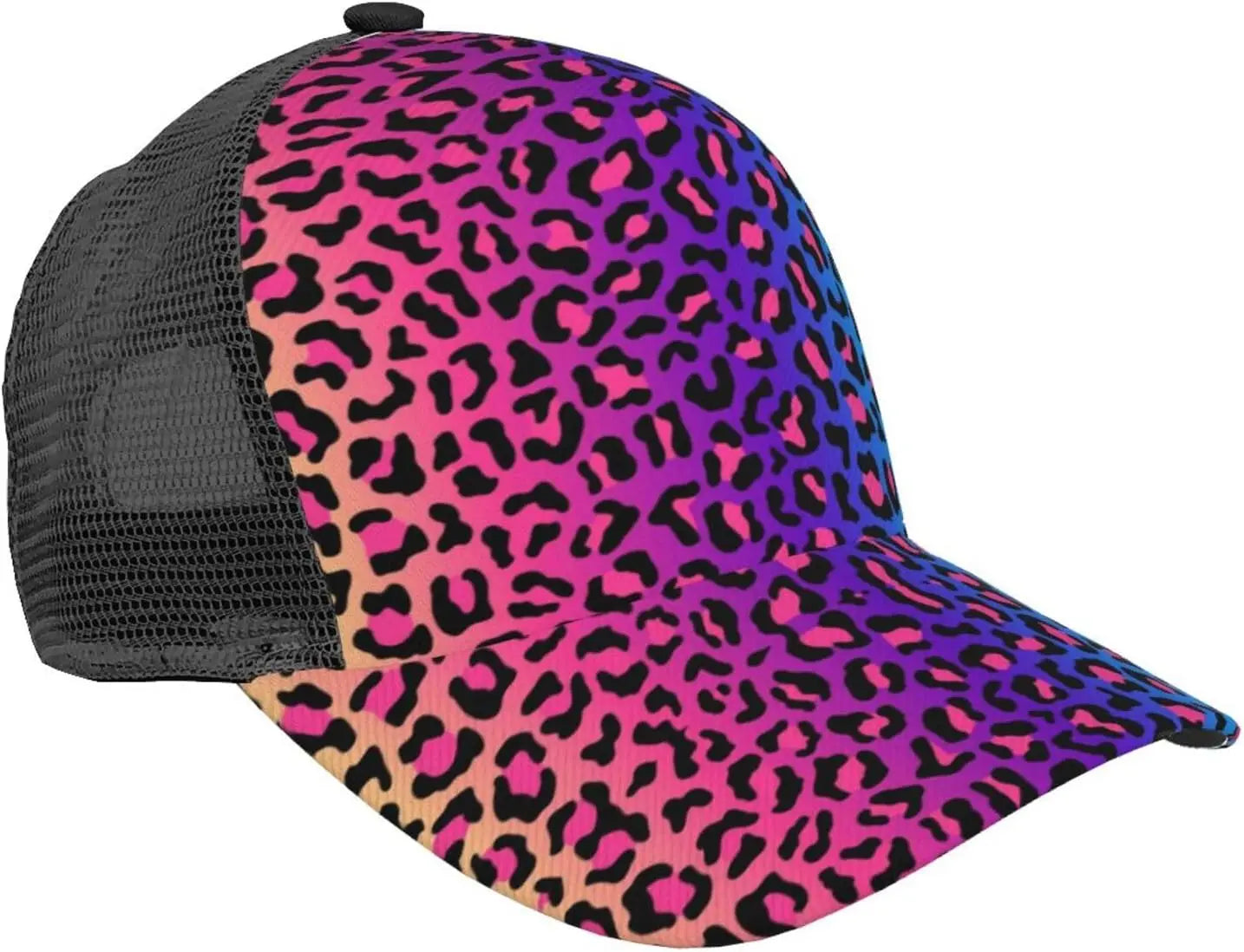 Ponytail Baseball Cap for Women Men Adjustable Mesh Trucker Ponycap Quick Drying Sport Hat-Leopard Neon Rainbow Gradient
