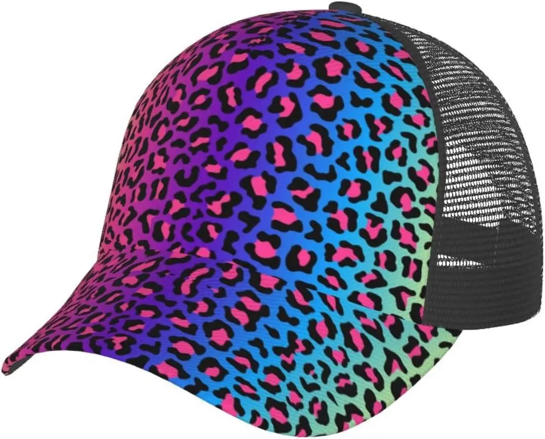 Ponytail Baseball Cap for Women Men Adjustable Mesh Trucker Ponycap Quick Drying Sport Hat-Leopard Neon Rainbow Gradient