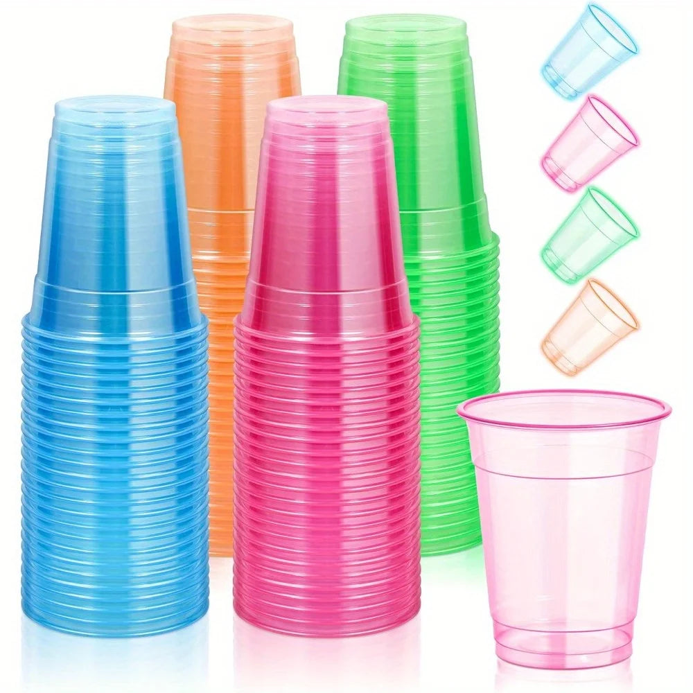 120pcs 12OZ Plastic Neon Cups: Disposable Glow Cups for UV Black Light Neon Parties. Glow-in-the-Dark for Rave, Xmas, Halloween