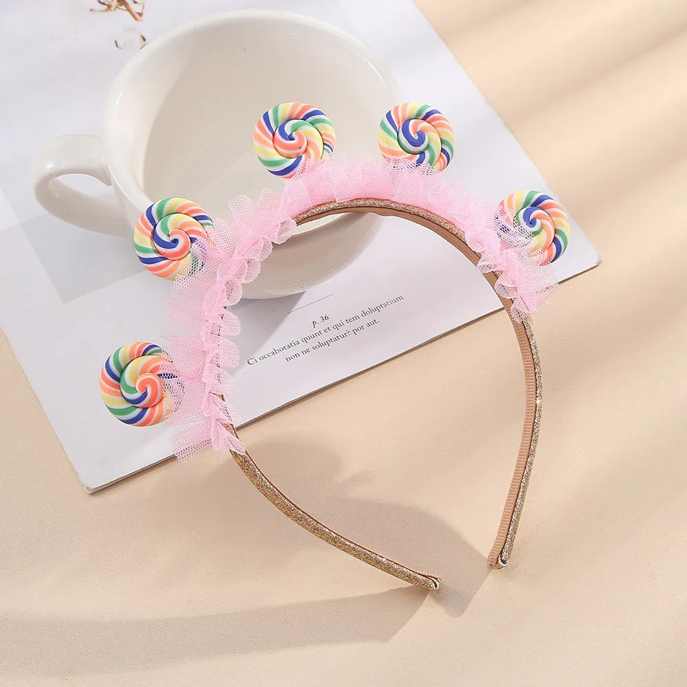 Pink Lollipop Headwear Girl Candy Party DIY Dress Up Sweet Little Princess Happy 1st 2nd 3rd Birthday Party Hair Band Photo Prop