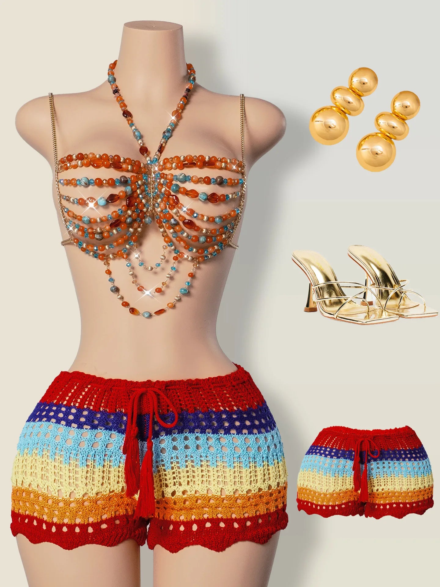 Handmade Female Mermaid Core Top Music Rave Festival Outfit Y2K Bead Top Body Chain 2025 Bikini Top Boho Beaded Crystal Bra