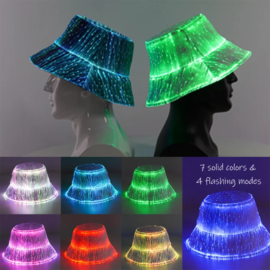 7 Colors LED Rave Bucket Hat Light up Fisherman Cap Glow in the Dark Party Hats USB Rechargeable Crazy Hat