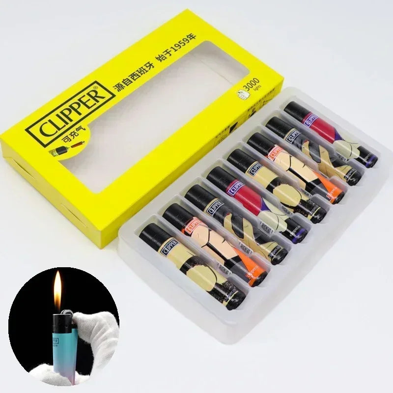 Spanish Original Clipper Gas Lighter with Personality Pattern Refillable Gas Lighter 8 Pieces Boxed Smoking Set Collection Gift
