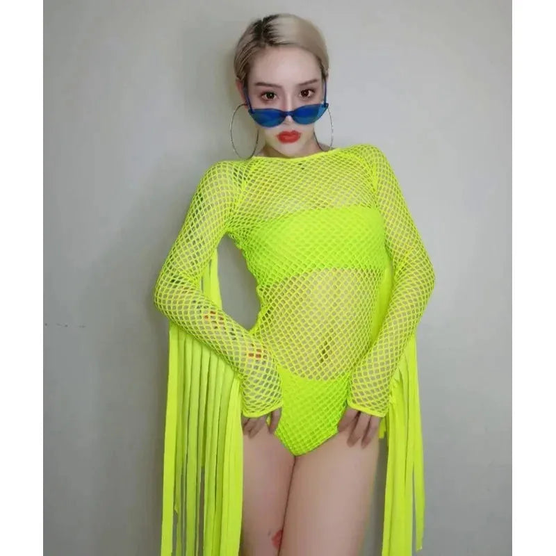 Cosjie Jazz Dance Costume Neon Green Tassel Jumpsuit Nightclub Gogo Dancer Stage Hip Hop Clothes Dj Suit Female Rave Bodysuit