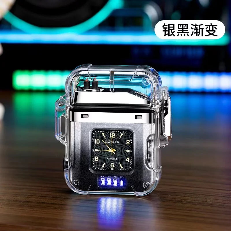New Waterproof Double Arc Plasma Flashlight, Outdoor Lighter, Transparent Watch, USB Rechargeable, Flameless, Windproof Lighter