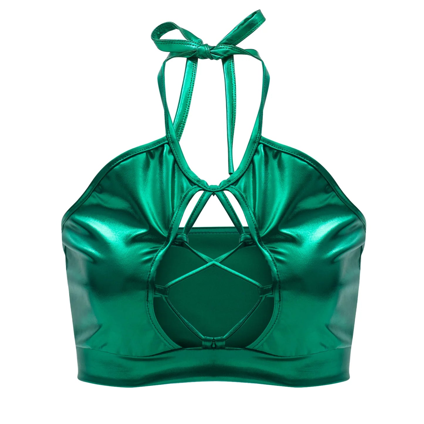 Sexy Shiny Bra Crop Tops Vetement Pole Dance Clothes Holographic Costumes Womens Festival Roupa Metallic Rave Bra Halter Wetlook