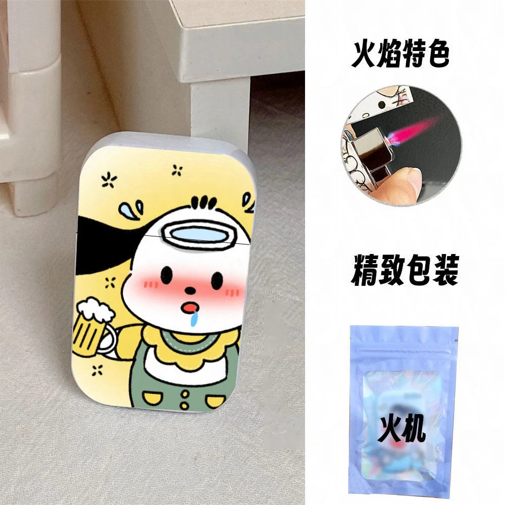 Gift Set Hello Kitty Turbo Gas Lighter, Pink Fire Windproof Metal Flip Cover Women's Lighter Jet Flame, Smoking Accessories
