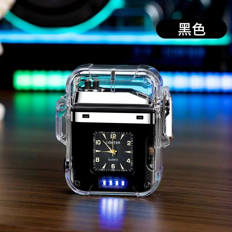 New Waterproof Double Arc Plasma Flashlight, Outdoor Lighter, Transparent Watch, USB Rechargeable, Flameless, Windproof Lighter