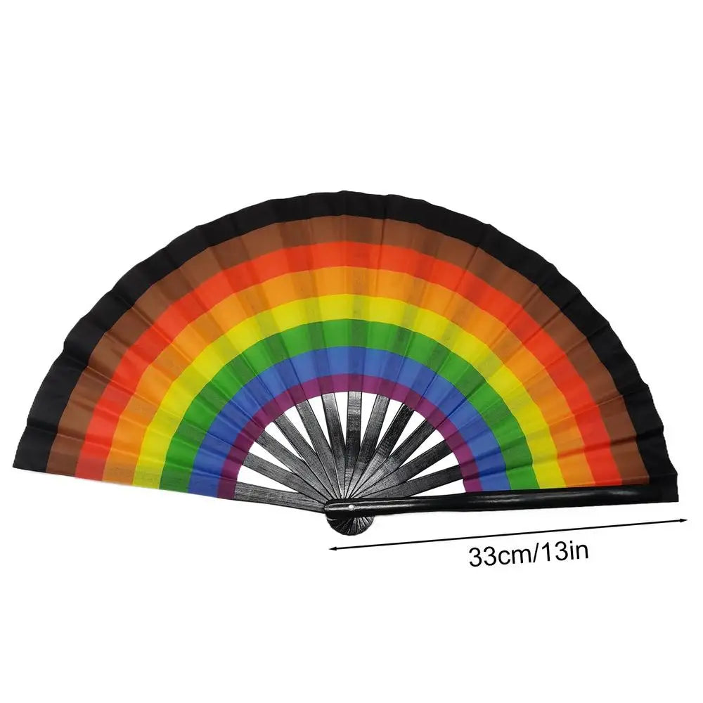 33cm Classics Folding Fan Hand Fans Rainbow Print Black Bamboo Bone Fan Cooling Handheld Fan Festival Performance Dance Fan Gift