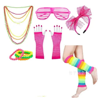 80s Fancy Dress Accessories WomenTutu Skirt Neon Fishnet Gloves Beaded Necklace Bracelet Earrings Adult 80s Party Costume Set