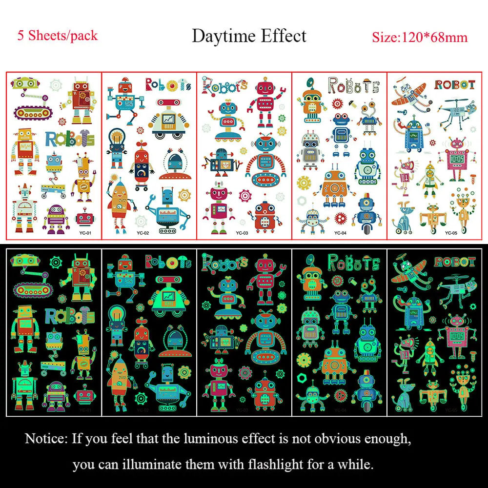 5 Sheets Luminous Tattoo Stickers Temporary Colorful Animal Dinosaur Tattoo Fake Tattoo for Body Hand Face