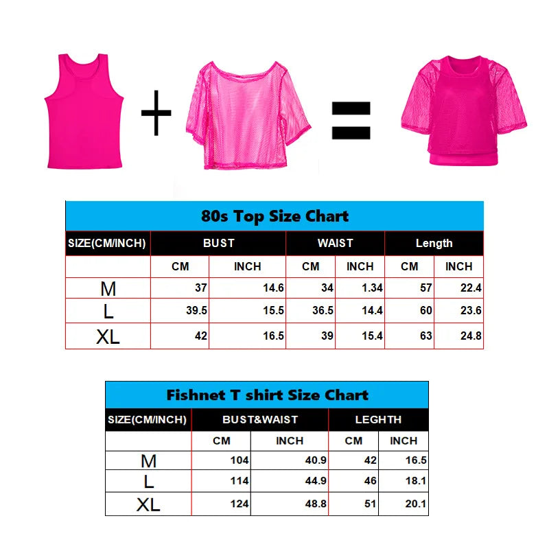 80's Women Retro Costume Set Women's 80s Leggings Fishnet Neon Shirt with Leg Warmers Necklace Bracelet Halloween Cosplay Outfit