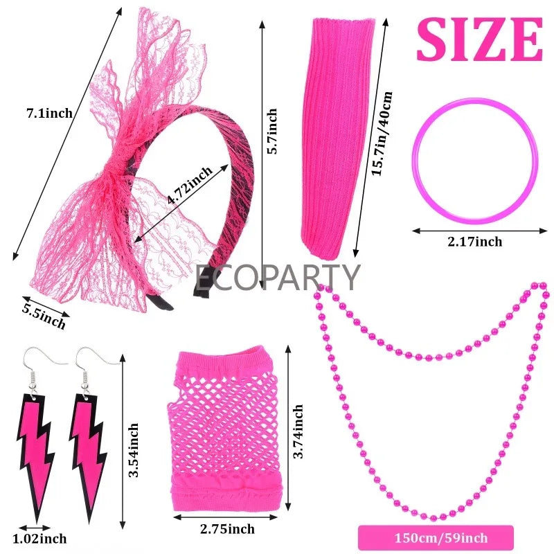80s Fancy Dress Accessories WomenTutu Skirt Neon Fishnet Gloves Beaded Necklace Bracelet Earrings Adult 80s Party Costume Set