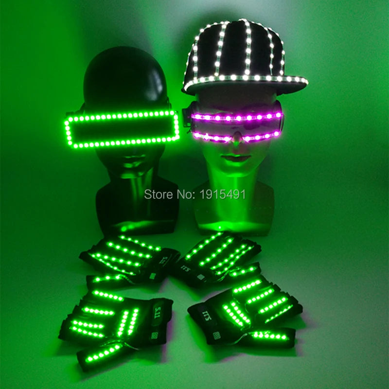 LED glow Cap gloves and LED sunglasses with Flashing function glow props good for Nightclub, ball show, bar show