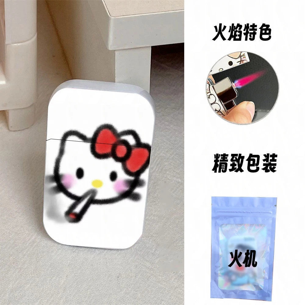 Gift Set Hello Kitty Turbo Gas Lighter, Pink Fire Windproof Metal Flip Cover Women's Lighter Jet Flame, Smoking Accessories