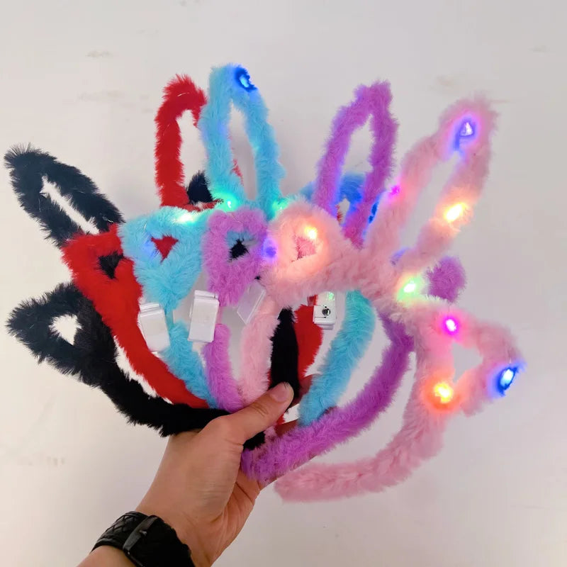 10/20/30 Pcs Cute LED Plush Bear Ear Headband Kids Adult Light Up Hairband Plush Glitter Hair Hoop Headwear Glow Hair Accessorie
