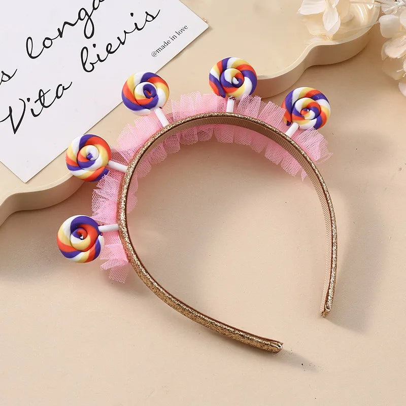 Pink Lollipop Headwear Girl Candy Party DIY Dress Up Sweet Little Princess Happy 1st 2nd 3rd Birthday Party Hair Band Photo Prop