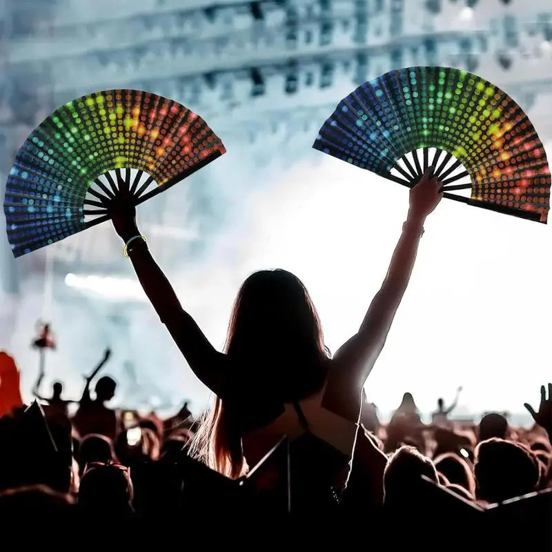 33cm Classics Folding Fan Hand Fans Rainbow Print Black Bamboo Bone Fan Cooling Handheld Fan Festival Performance Dance Fan Gift