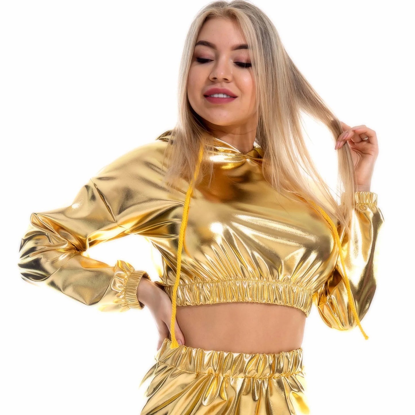 Women Sexy Metallic Jazz Dance Costumes Crop Top Hooded Shiny T-shirt Rave Party Clubwear Outfits Long Sleeve Hip Hop Clothing