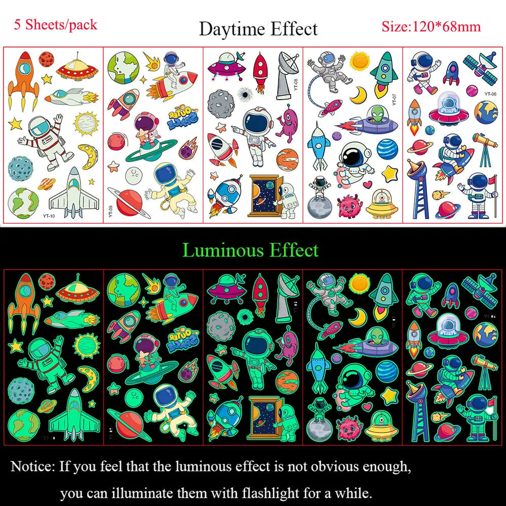 5 Sheets Luminous Tattoo Stickers Temporary Colorful Animal Dinosaur Tattoo Fake Tattoo for Body Hand Face