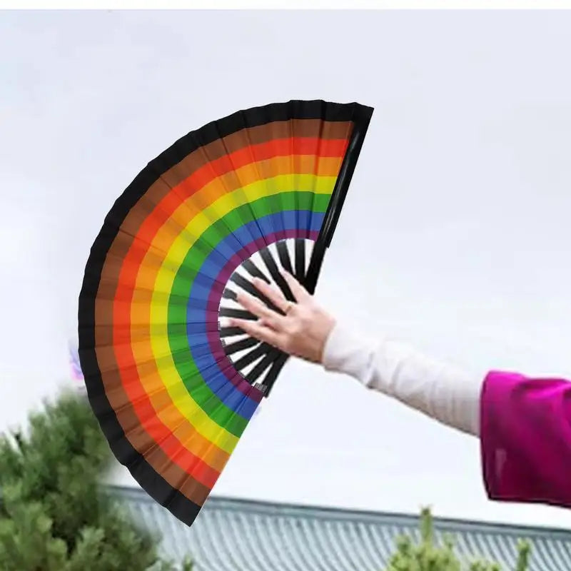 33cm Classics Folding Fan Hand Fans Rainbow Print Black Bamboo Bone Fan Cooling Handheld Fan Festival Performance Dance Fan Gift