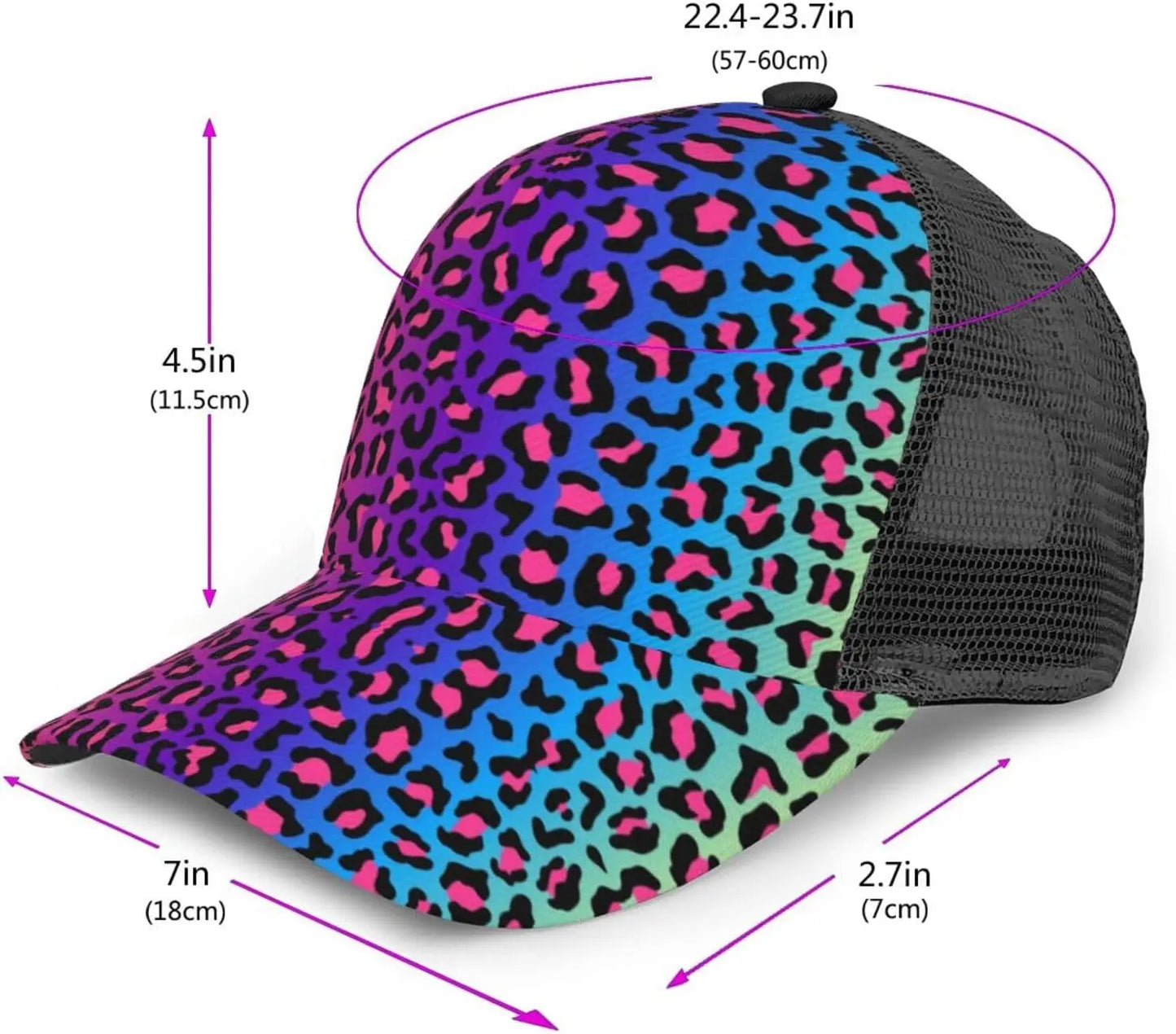 Ponytail Baseball Cap for Women Men Adjustable Mesh Trucker Ponycap Quick Drying Sport Hat-Leopard Neon Rainbow Gradient