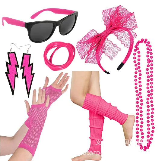 80s Fancy Dress Accessories WomenTutu Skirt Neon Fishnet Gloves Beaded Necklace Bracelet Earrings Adult 80s Party Costume Set