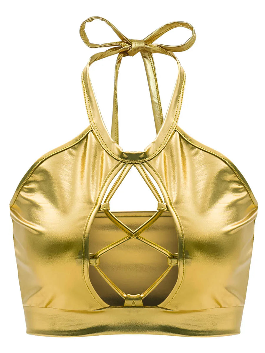 Sexy Shiny Bra Crop Tops Vetement Pole Dance Clothes Holographic Costumes Womens Festival Roupa Metallic Rave Bra Halter Wetlook