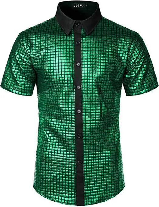 Summer Men's Disco Party Short Sleeve Shirt, Red Gold Blue Black Available, Fashion Casual Shirts