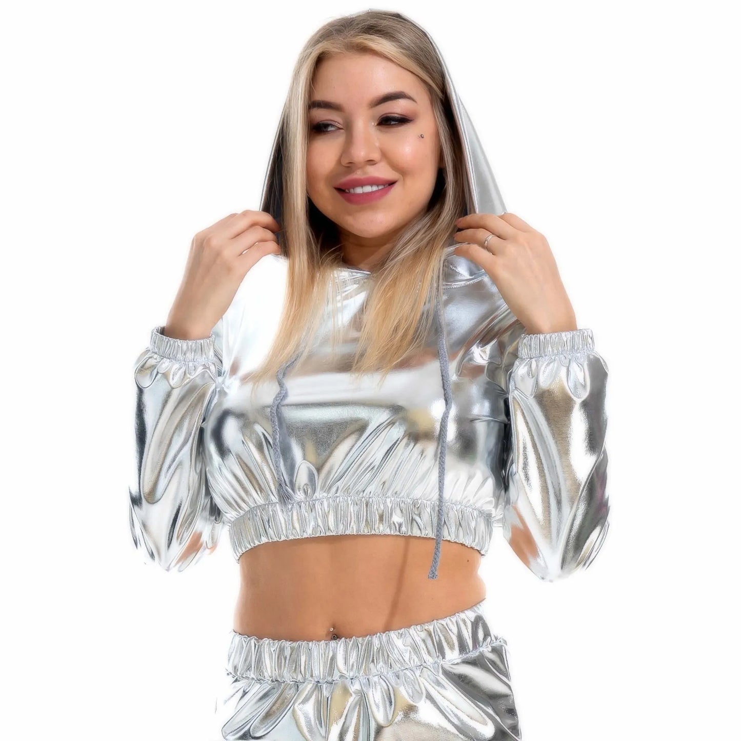 Women Sexy Metallic Jazz Dance Costumes Crop Top Hooded Shiny T-shirt Rave Party Clubwear Outfits Long Sleeve Hip Hop Clothing