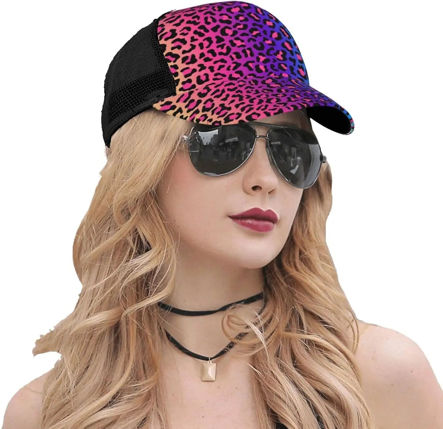 Ponytail Baseball Cap for Women Men Adjustable Mesh Trucker Ponycap Quick Drying Sport Hat-Leopard Neon Rainbow Gradient