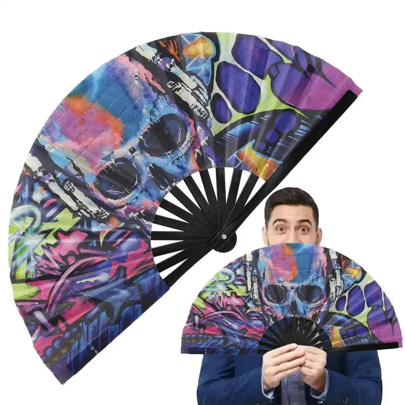 33cm Classics Folding Fan Hand Fans Rainbow Print Black Bamboo Bone Fan Cooling Handheld Fan Festival Performance Dance Fan Gift