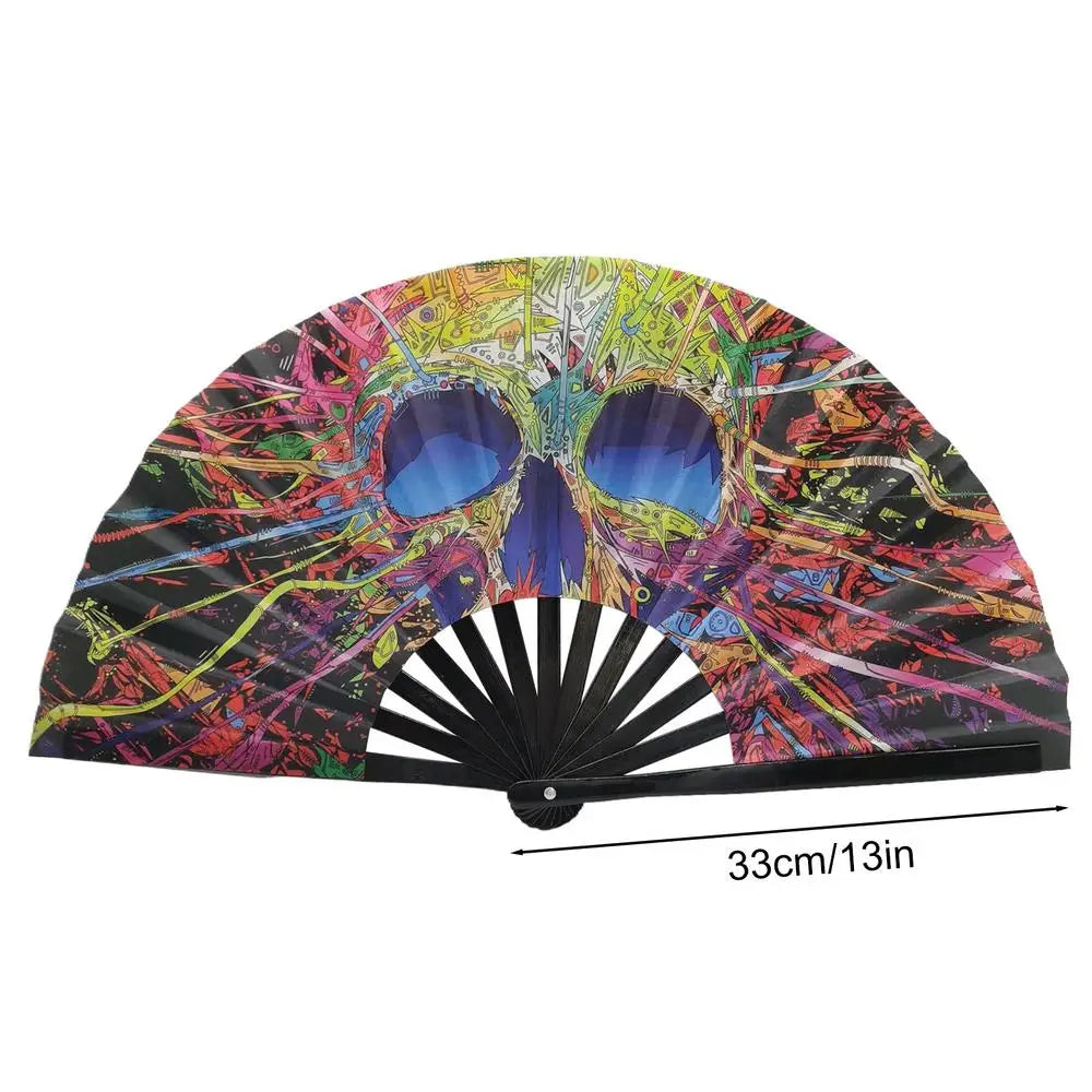 33cm Classics Folding Fan Hand Fans Rainbow Print Black Bamboo Bone Fan Cooling Handheld Fan Festival Performance Dance Fan Gift