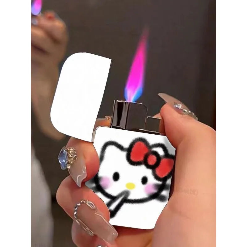 Gift Set Hello Kitty Turbo Gas Lighter, Pink Fire Windproof Metal Flip Cover Women's Lighter Jet Flame, Smoking Accessories