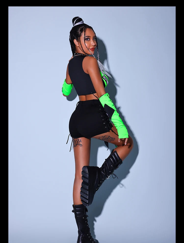 2023 New Fluorescent Green Tops Black Shorts Kpop Outfits For Girls Group Jazz Dance Costumes Pole Dance Rave Clothes