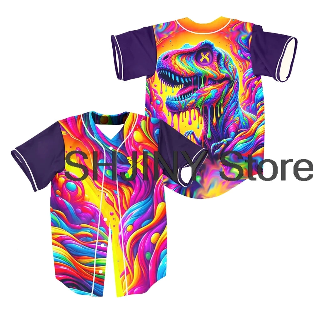 Excision Trippy Colorful Dinosaur Rave Baseball Jersey EDM Festivals 2024 Short Sleeve Shirts Women Men Streetwear Tops