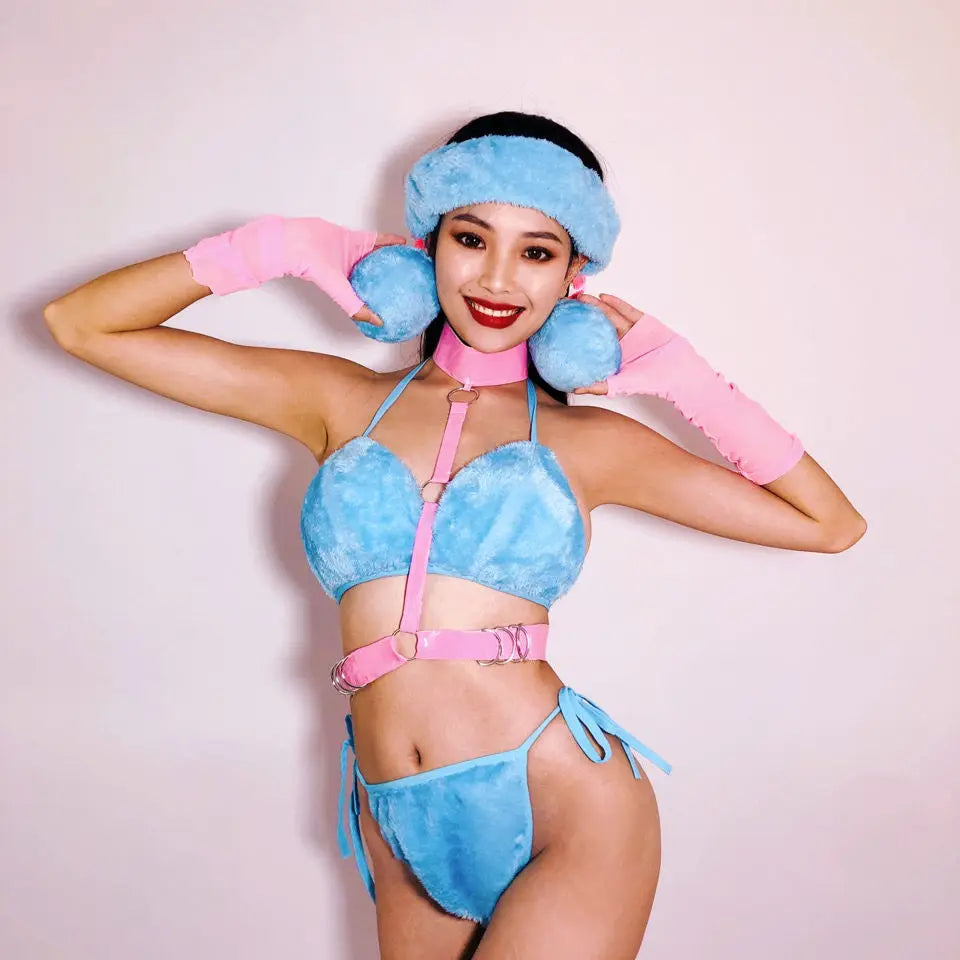 Blue Plush Bodysuit Sexy Pole Dance Costume Dj Ds Bikini Adult Party Rave Outfit Nightclub Bar Gogo Dancing Clothes VDB5234